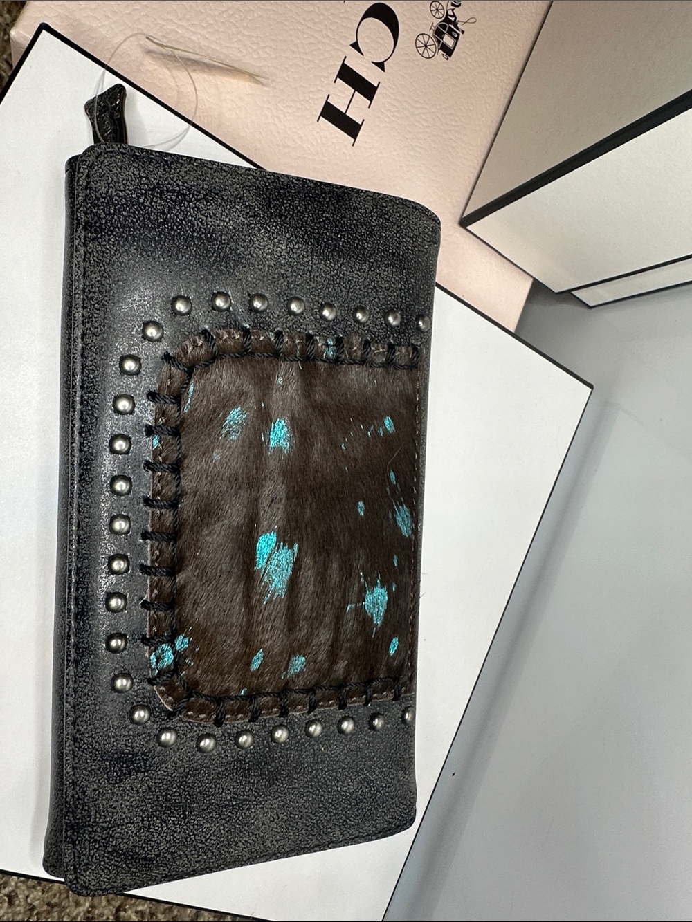 Black Leather Wristlet Clutch with Turquoise Haircalf Accent